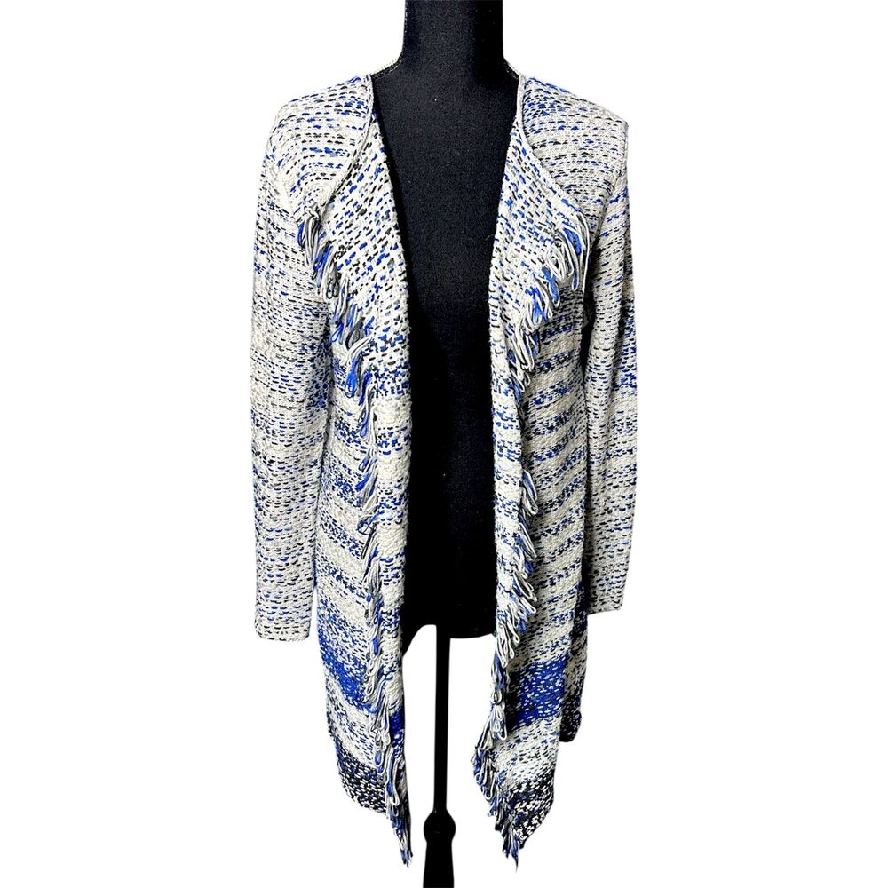 Womens Cream Woven Knit Open Front Fringe Cardigan Sz M Boho Festival Lagenlook